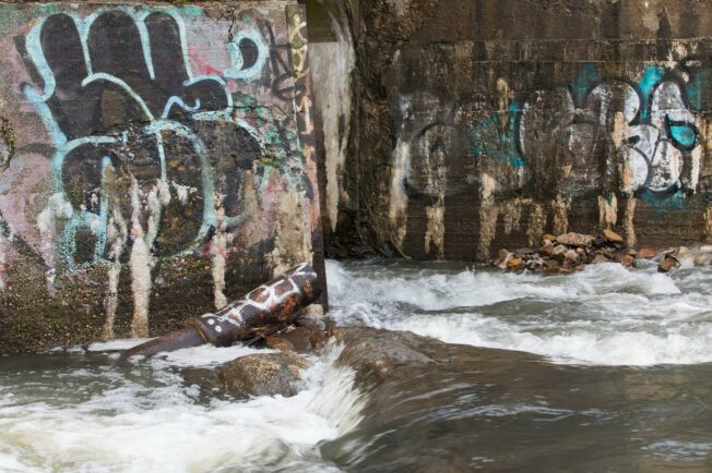 Concrete barriers placed in a waterway.